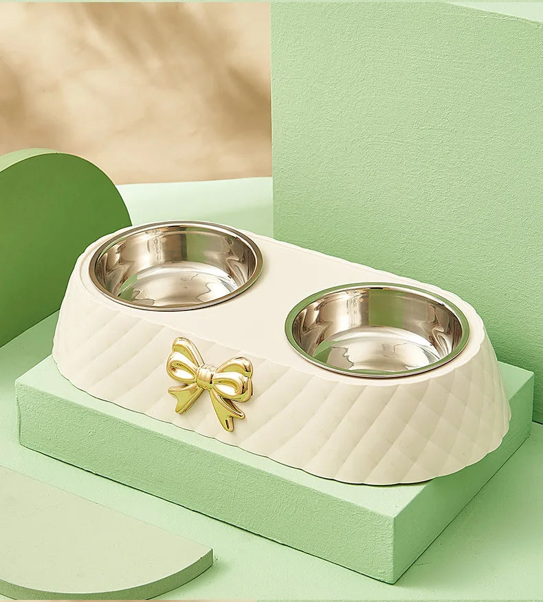 Pet Supplies Bow-tie Bowknot Cats Food Bowl PP Base Dog Bowl Stainless Steel Double Pet Accessories Feeding Drinking Double Bowl Pi-Mart