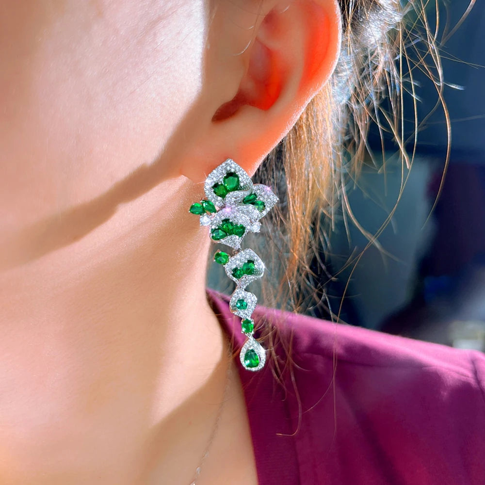 CWWZircons Elegant Green CZ Crystal Flower Water Drop Long Dangle Earrings for Women Beautiful Wedding Party Jewelry Gifts E1159 Pi-Mart