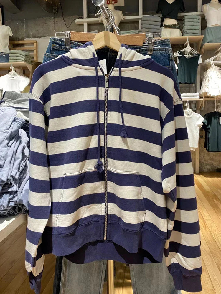 Striped Patchwork Zip-up Hoodie Autumn Cotton Pocket Drawstring Hooded Sweatshirt Women Y2k Streetwear Vintage Loose Tops Jacket LadyShow.Store