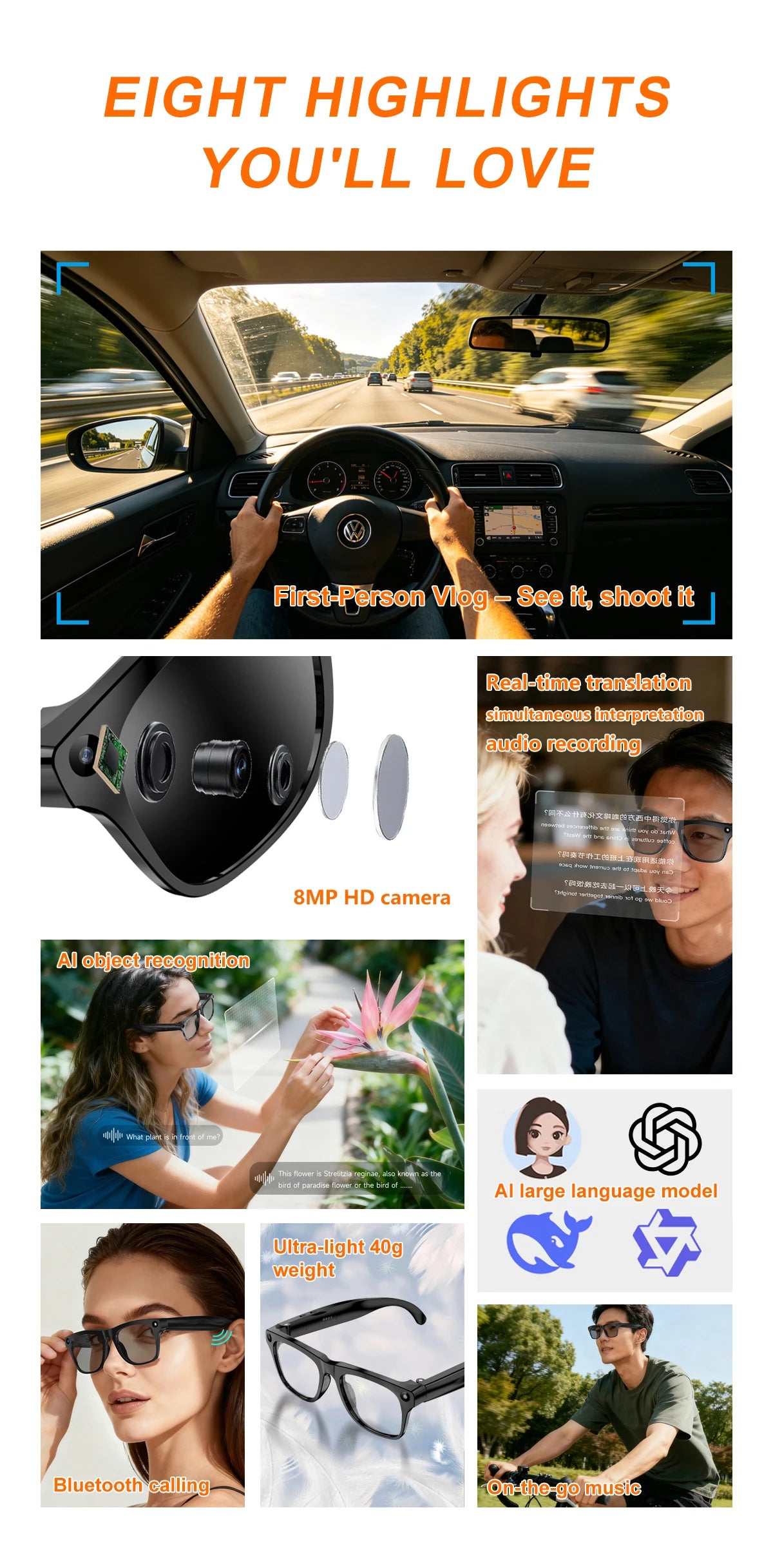 Lenovo Upgrade Smart AI Glasses 800W HD 8K Shooting Camera Photo Video Voice Call Translation Bluetooth AI Motorcycle Glasses Pi-Mart