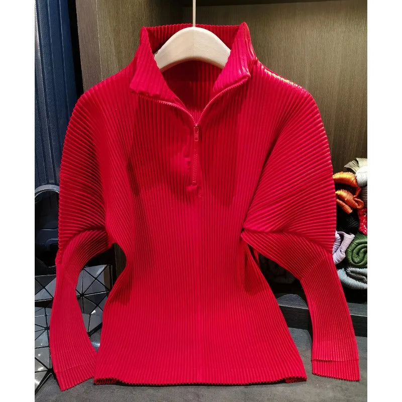 Miyake Pleated Sweatshirt Pit Stripe Zipper Standing Collar Jacket Women 2025 New Casual Pullover Hundred Pleat Skinny Tops LadyShow.Store
