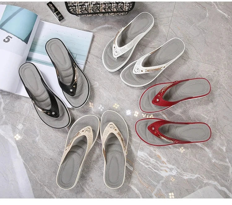 2023 Women's Slippers Summer New Fashion Metal Button Slides Shoes Wedge Beach Sandals Women Outside Platform Leisure Flip Flops Pi-Mart