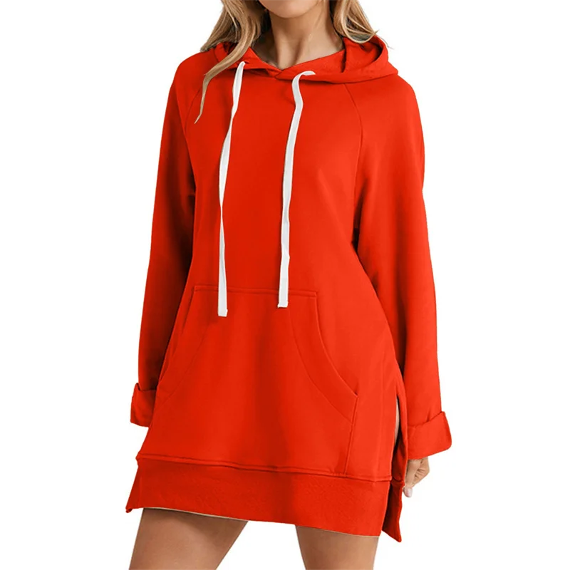 Women Hoodie Dress Slit Hem Drawstring Loose with Big Pocket Hooded Pullover Mid Length Top Commuting Dating Sport HoodieCYXX385 LadyShow.Store