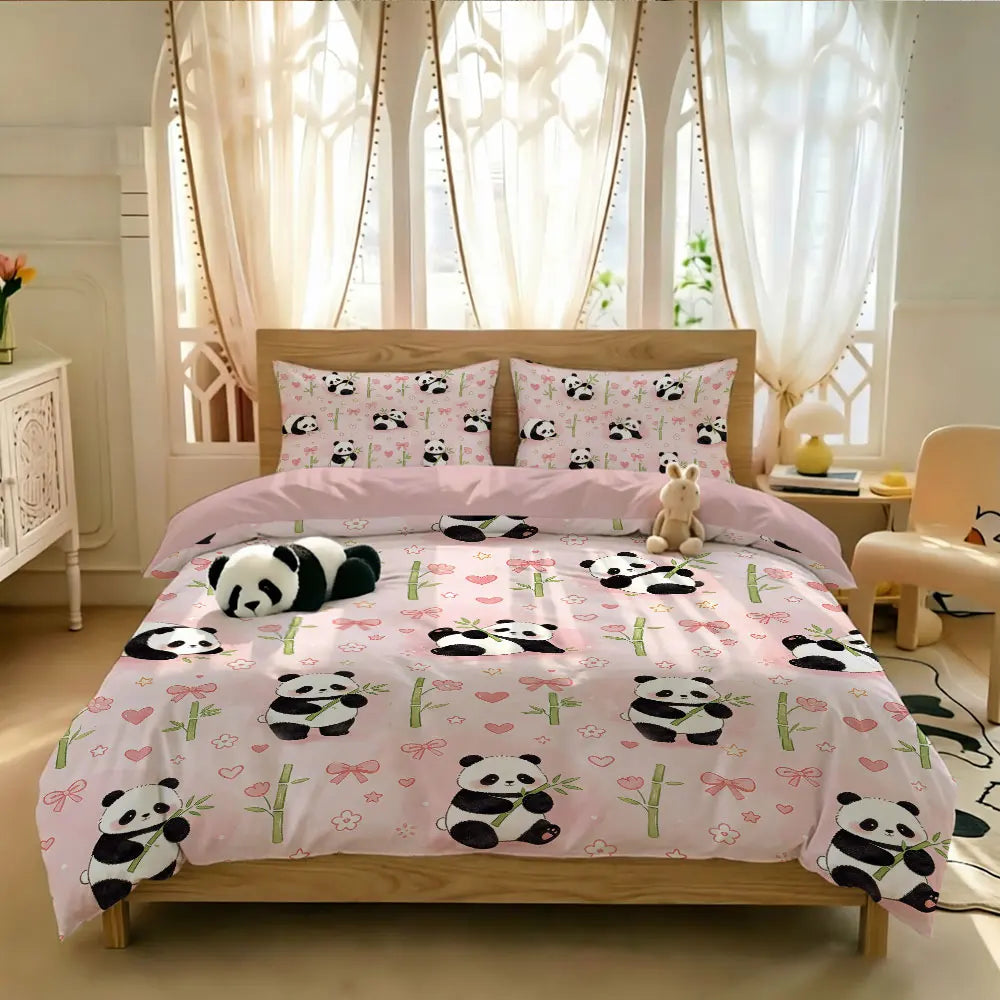3pcs Cartoon Panda Print Coreless Duvet Cover Cool Summer Lightweight Bedding Set Multi Size Bedroom Bedding Decoration Pi-Mart