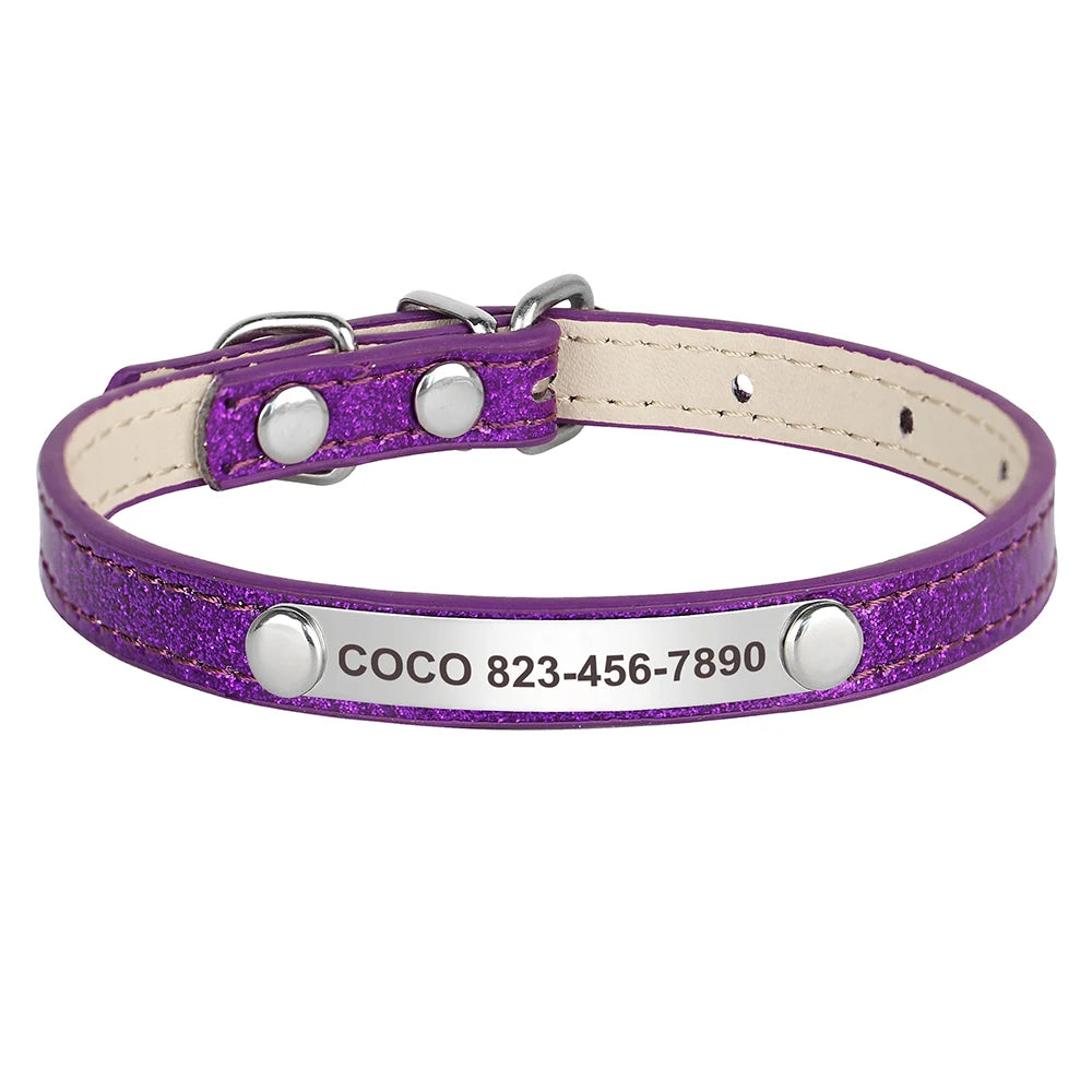 Personalized Cat Collar Custom Leather Cat Collars Free Engraved Puppy Kitten ID Necklace Bling Pet Collars for Small Dogs Cats Pi-Mart