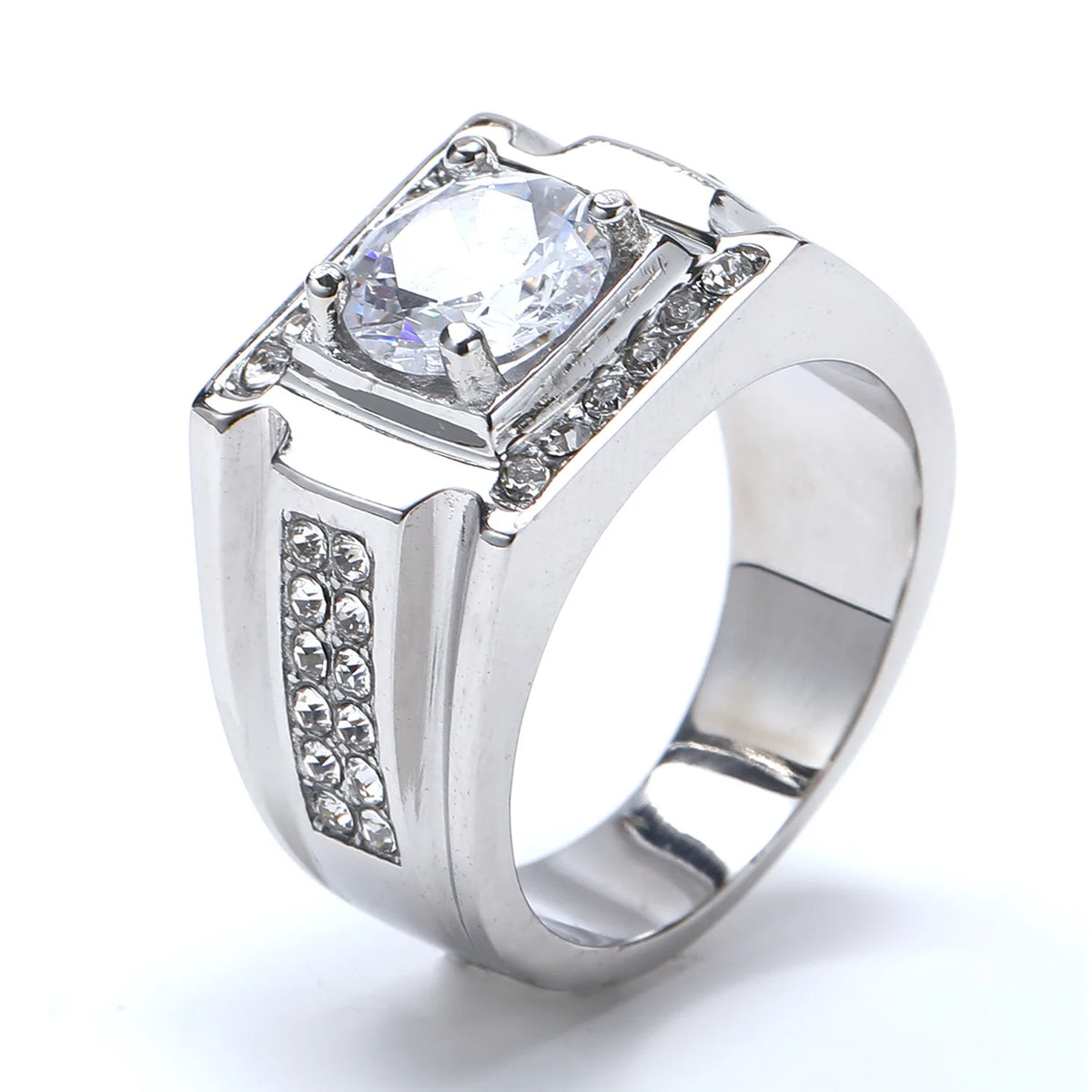 Keisha Lena AAAAA Zircon Men Ring Stainless Steel 18K Gold Plated Engagement Rings For Man Jewelry Waterproof Allergy-Resistant Pi-Mart