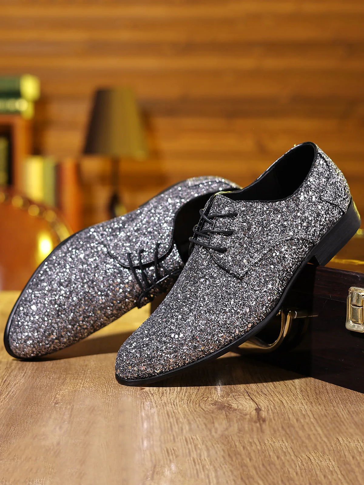 Luxury Men Dress Shoes Gold Silver Sequin Wedding Shoes High Quality Lace-Up  Oxford Shoes Fashion Designer Men Flats Large Size Pi-Mart