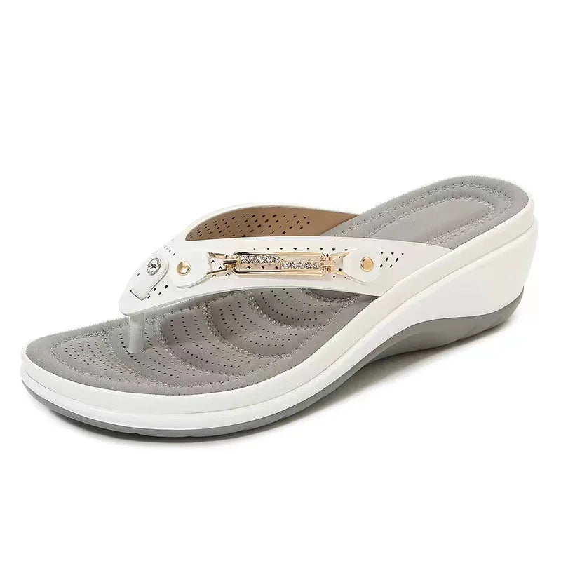 2023 Women's Slippers Summer New Fashion Metal Button Slides Shoes Wedge Beach Sandals Women Outside Platform Leisure Flip Flops Pi-Mart