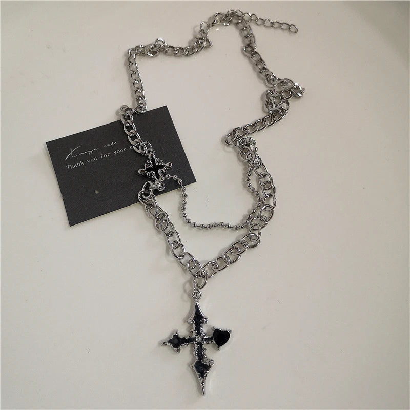 Punk Rock Black Heart Cross Pendant Chain Necklace For Men Women Cool Hip Hop Street Vintage 90s Y2K Grunge Goth Accessories Pi-Mart