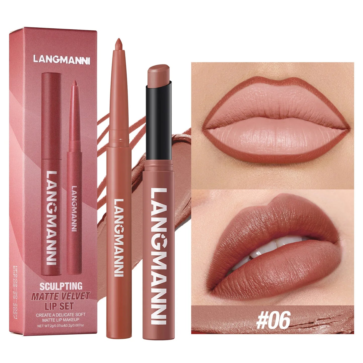 2Pcs/set Matte Soft Mist Slanted Mouth Lipstick + Lip Liner Set Combo Light Matte and Non-Drying Waterproof Non-Stick Lip Set LadyShow.Store