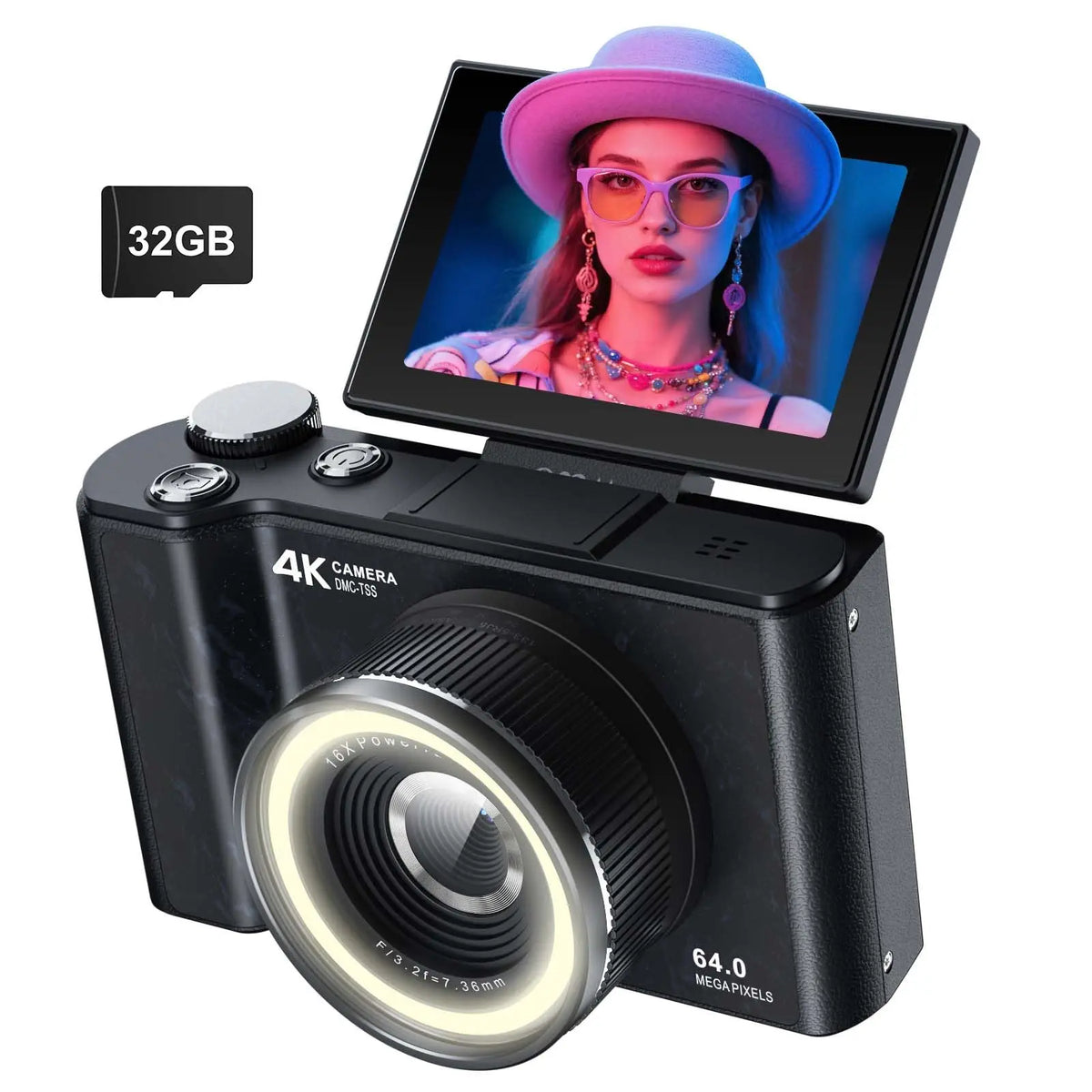 4K Digital Camera for Photography,4k Camera with Ring Light，180° Flip Screen Camera for Vlogging with Beauty Mode,Point and Shoot Digital Cameras for Beginner with SD Card，Christmas Gift Pi-Mart