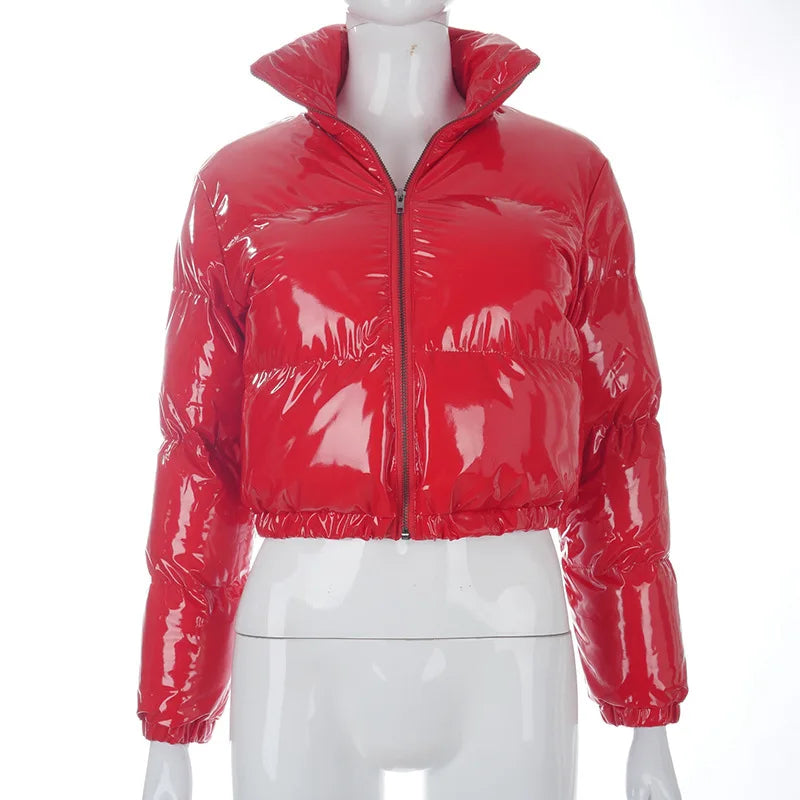 Fashion Cute Women Bright PU Pink Puffer Jacket Winter Warm Bubble Coats Shiny Leather Parkas Down Zipper Cropped Jackets Parkas LadyShow.Store