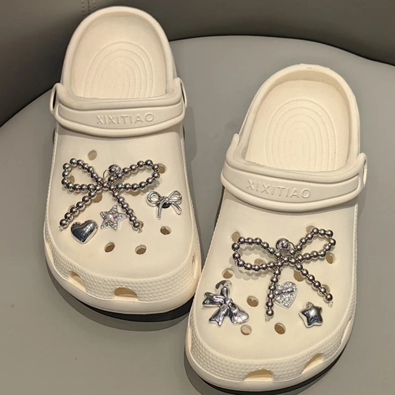New Pearls Bowknot Shoes Charm Set 2026 Punk Heart Flowers DIY Shoe Accessories Ballet Style Silver Detachable Shoe Buckle Decor Pi-Mart