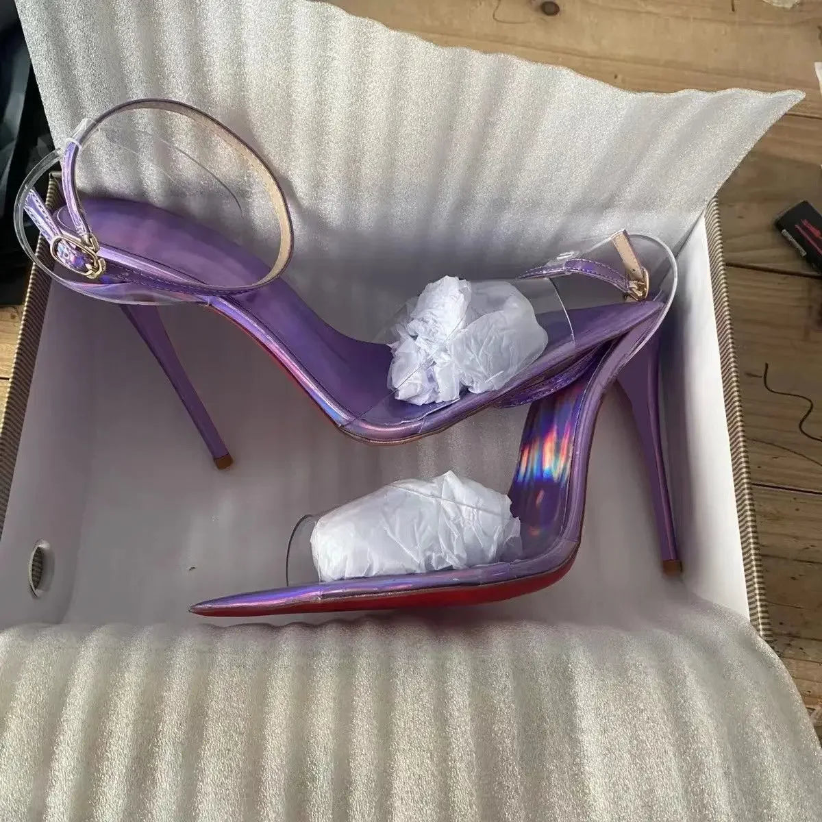 New European and American electric purple ultra soft transparent PVC sandals with straight stripes and slim heels, 12cm sexy Pi-Mart