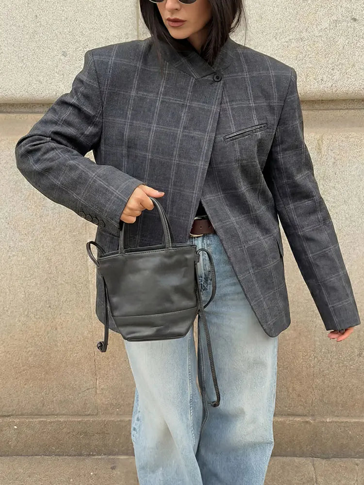 HH Women Fashion Plaid Blazer Coat Stand Collar Long Sleeve Jacket 2026 Spring Trend Casual Office Lady Chic Outerwear LadyShow.Store