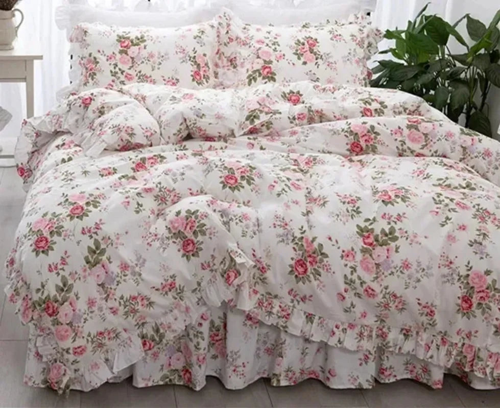 Garden Flower Print King Size Bedding Set Ruffle Duvet Cover Bed Sheet Princess Bed Linens Bedding Set Queen Comforter Sets LadyShow.Store