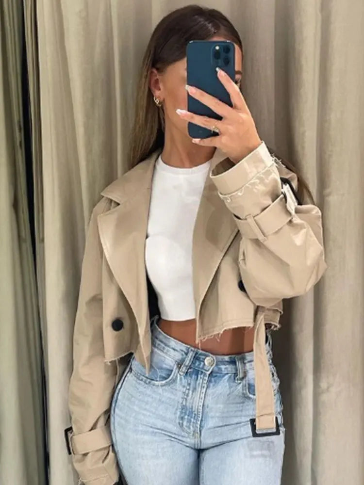 2024 Belt Cropped Trench Spring Jacket Women Vintage Streetwear Double Breasted Long Sleeve Top Female Coat Outfits LadyShow.Store