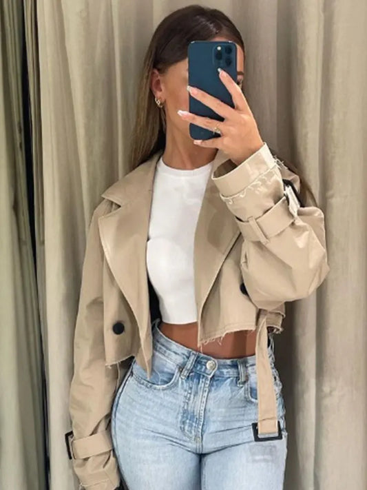 2024 Belt Cropped Trench Spring Jacket Women Vintage Streetwear Double Breasted Long Sleeve Top Female Coat Outfits LadyShow.Store