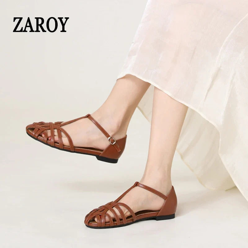 ZAROY Women's Sandals Summer Casual Footwear T-tied Cross Strap Flat Sandals Weave Hollow Roman Sandalia Zapatos сандали LadyShow.Store