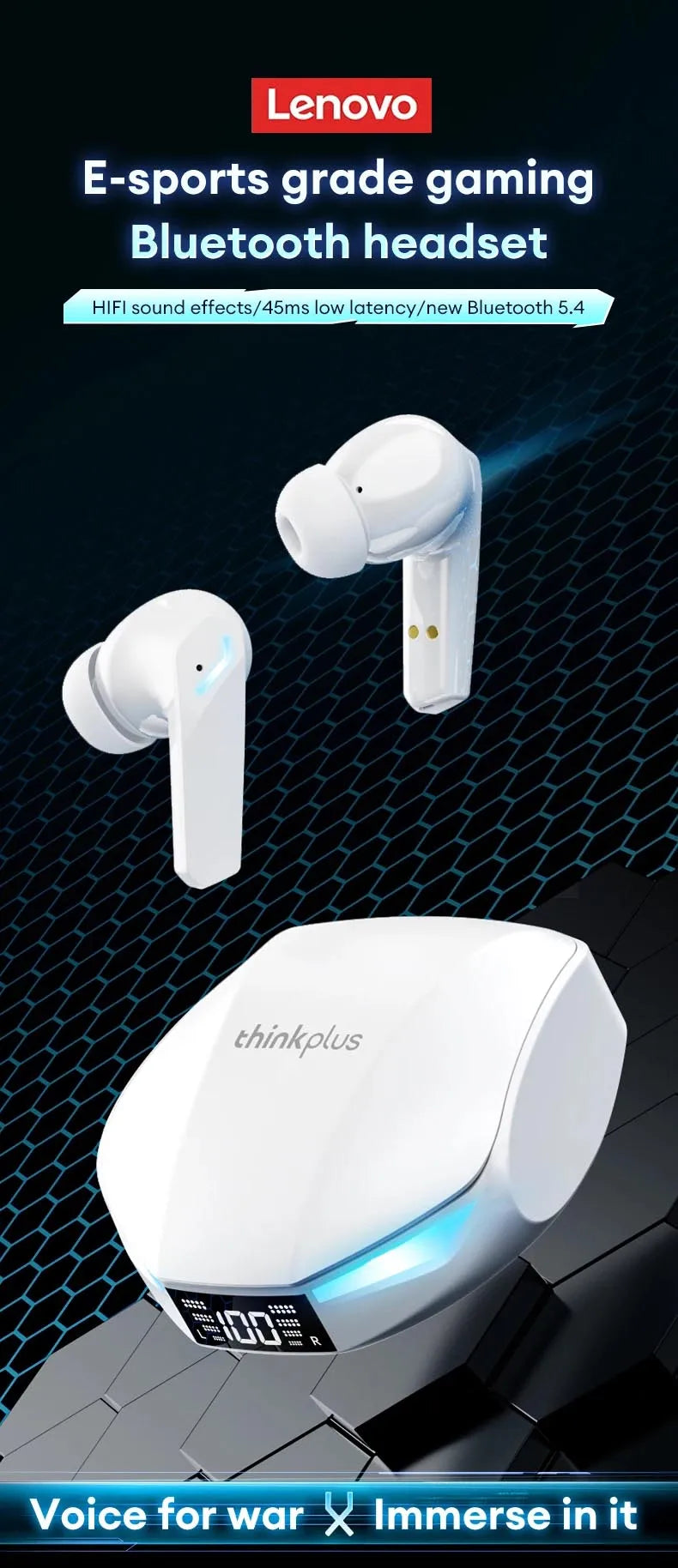 Choice Lenovo XT53 Earphone Wireless Bluetooth 5.4 Headphones Low Latency Gaming Headset Noise Reduction LED Display Earbuds New Pi-Mart