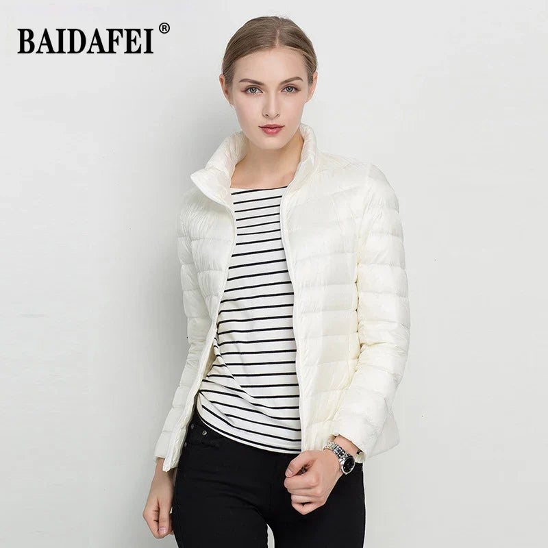 Women Short Puffer Jacket 2025 New Fashion Stand Collar Lightweight Water-Resistant Packable Female Down Parka Casual Coat LadyShow.Store