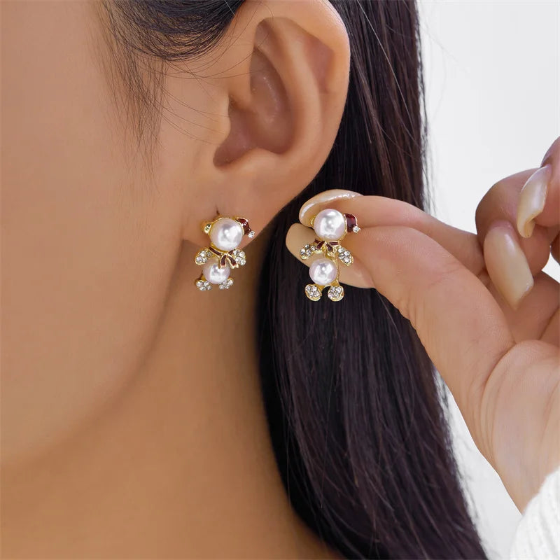 Creative Christmas Grandpa and Grandma Zircon Stud Earrings For Women White Pearl Crystal Snowman Elk Earring New Year Jewelry Pi-Mart