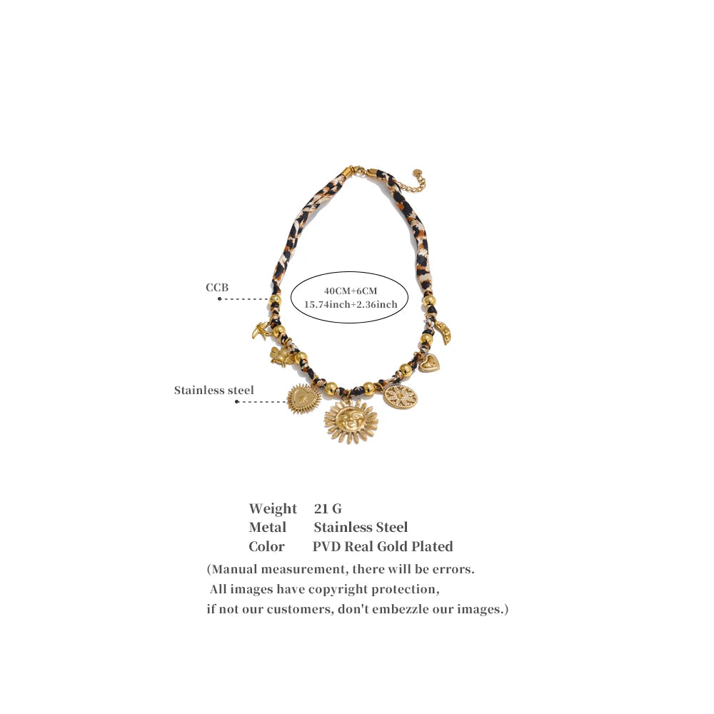 Yhpup Popular Stainless Steel Leopard Polyester Sun Flower Heart Insect Drop Collar Necklace 18K PVD Plated Fashion Jewelry Gift Pi-Mart