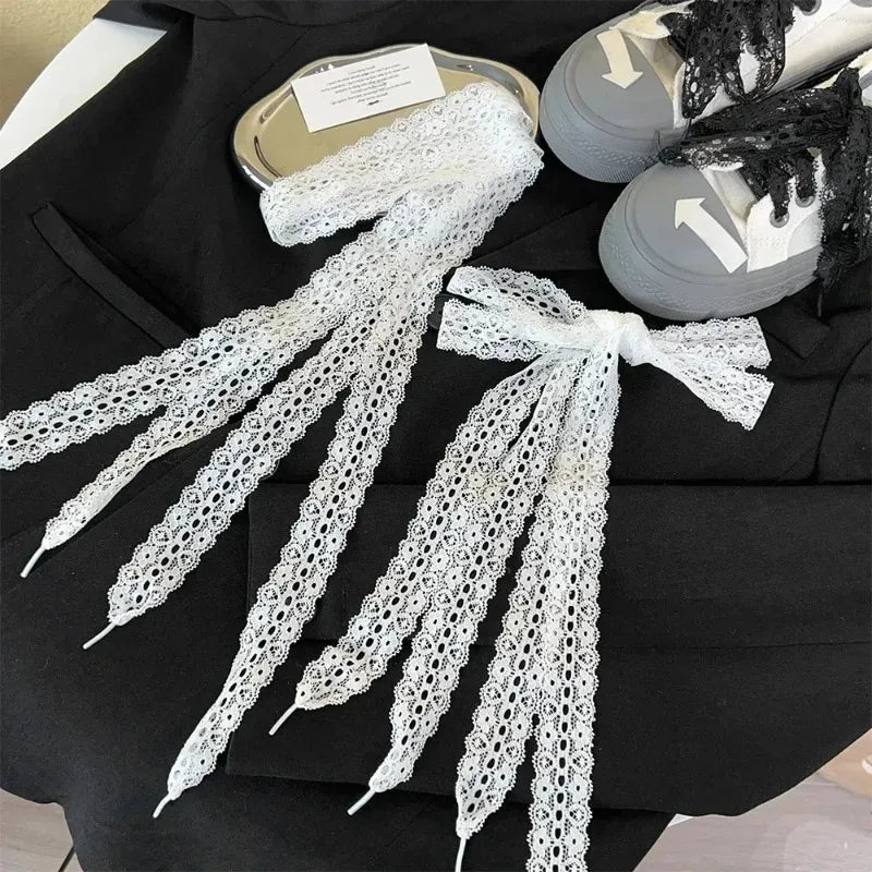 1/4Pairs Fancy Lace 3CM Wide Flat Shoelaces Sneakers Women Casual Shoes Black White Fashion Shoe Strings Replacement Accessories Pi-Mart