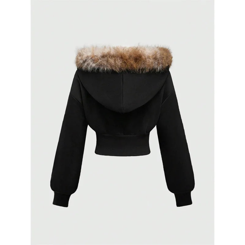 Winter Warm Gothic Print Hoodie Women's Clothin Faux Fur Crop Top Zip-Up Sweatshirt Fashion Y2K Streetwear Hooded Jacket 2026New LadyShow.Store