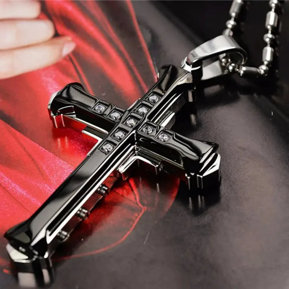 2024 New Male Crystal Cross Jesus Pendant Gold/Black/Blue Color Zirconia Cross Pendant Necklace Stainless Steel Jewelry Pi-Mart