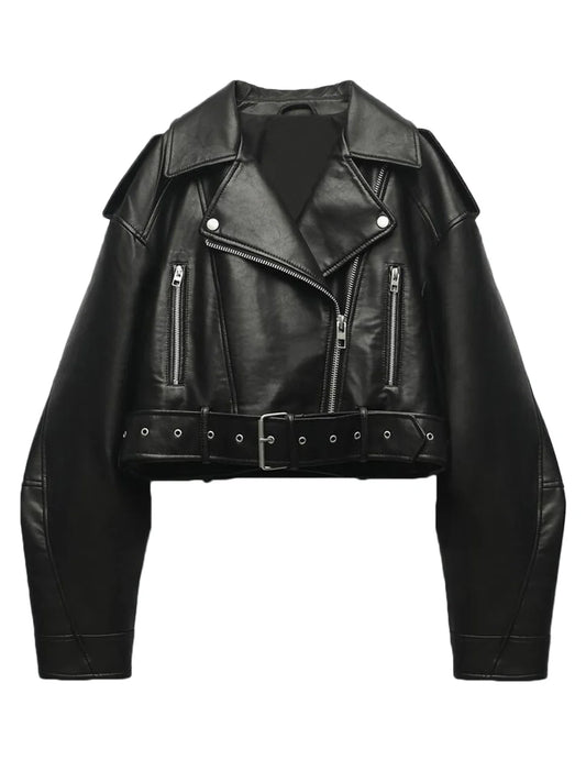 Fitaylor Women Faux PU Leather Jacket Casual Lady Lapel Zipper Short Leather Jacket High Street Motorcycle Coat LadyShow.Store