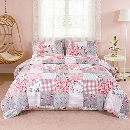 3pcs Splicing floral Pattern Duvet Cover Set, Soft Skin-Friendly Bedding Set Includes 1 Duvet Cover And 2 Pillowcases Pi-Mart