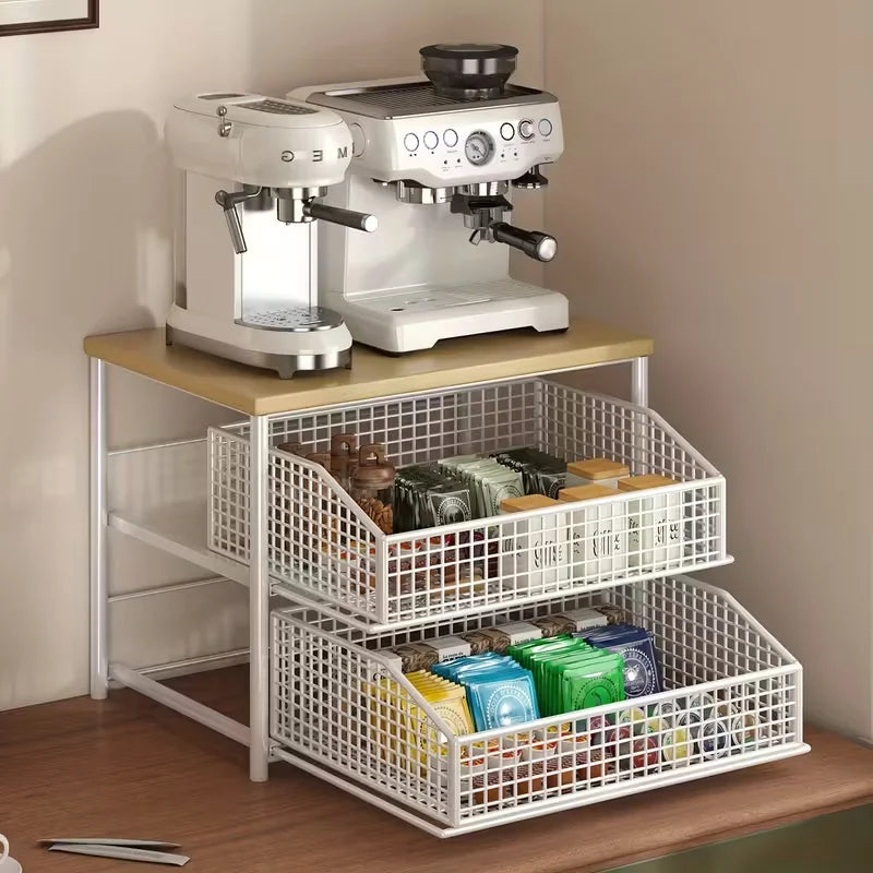1 space saving kitchen countertop storage rack with drawers and metal baskets - sturdy multi-layer storage rack Pi-Mart
