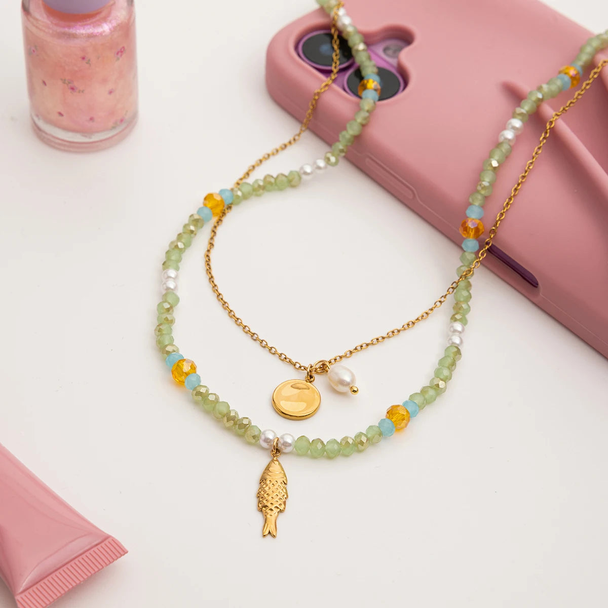 Zora Y2K Trendy 18K Gold Color Plated Sun Cross Fish Moon Pendant Multi Layer Necklace Waterproof Stainless Steel Women Jewelry Pi-Mart