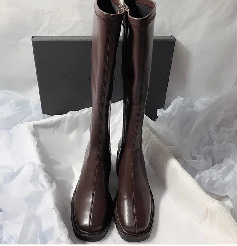 Vintage Thick Heel Women Knee High Boots Fashion Side Zippers Shoes Autumn Winter Ladies Concise Long Botas De Mujer Pi-Mart