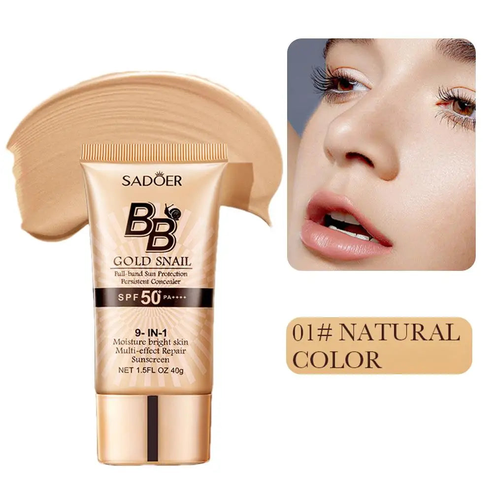SADOER Gold Snail Sunscreen BB Cream Foundation Concealer Moisturizing Isolation Cream SPF50+PA+++ 40g Facial Moisturizer Tri Light Beauty