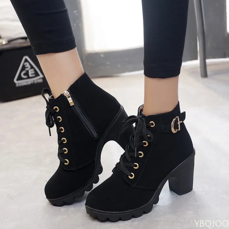 New Spring Winter Fashionable versatile Women Boots Lace-up Fashionable versatile Ladies Shoes comfortable High Heels Boots LadyShow.Store