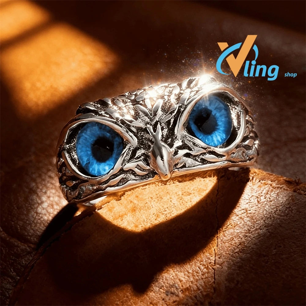 Multicolor Evil Eye Owl Adjustable Ring Antique Silver Gothic Punk Unisex Animal Finger Ring Women Men Fashion Jewelry Gift Pi-Mart