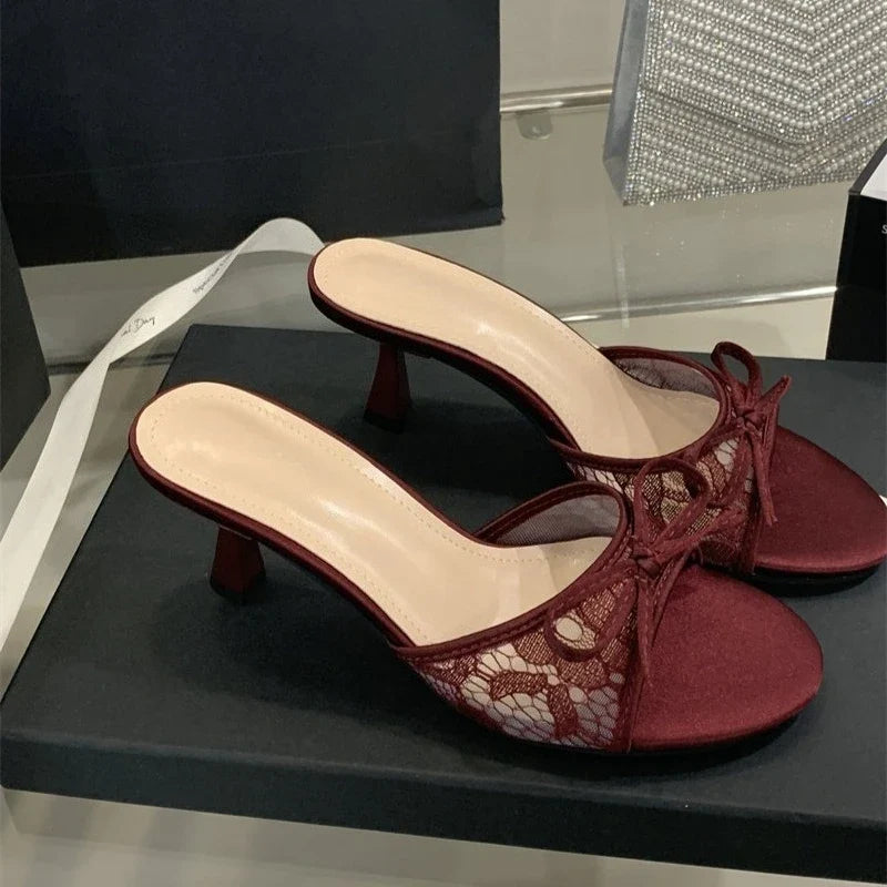 Summer Women Net Butterfly-knot Slippers Fashion Cover Pointed Toe Slip On Mules Shoes Thin High Heel Ladies Elegant Slides Pump LadyShow.Store