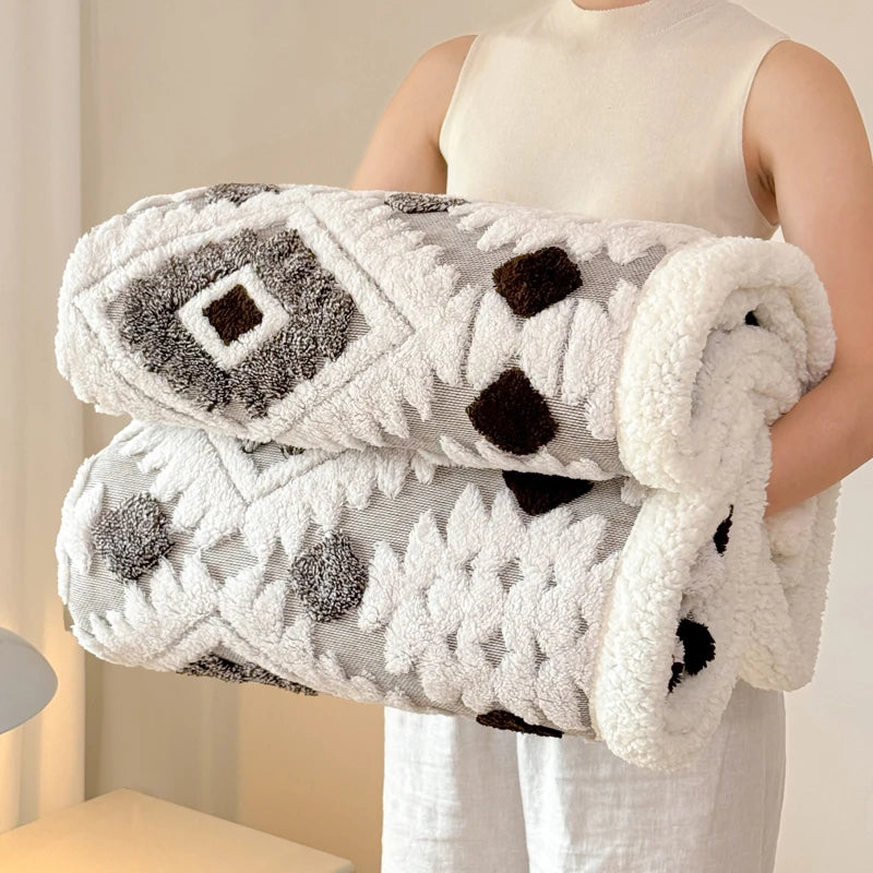 Geometric Patterned Jacquard Fleece Blanket Double Layer Thick Warm Taffeta Sofa Throw Blanket Spring Autumn Plush Bed Blanket Pi-Mart