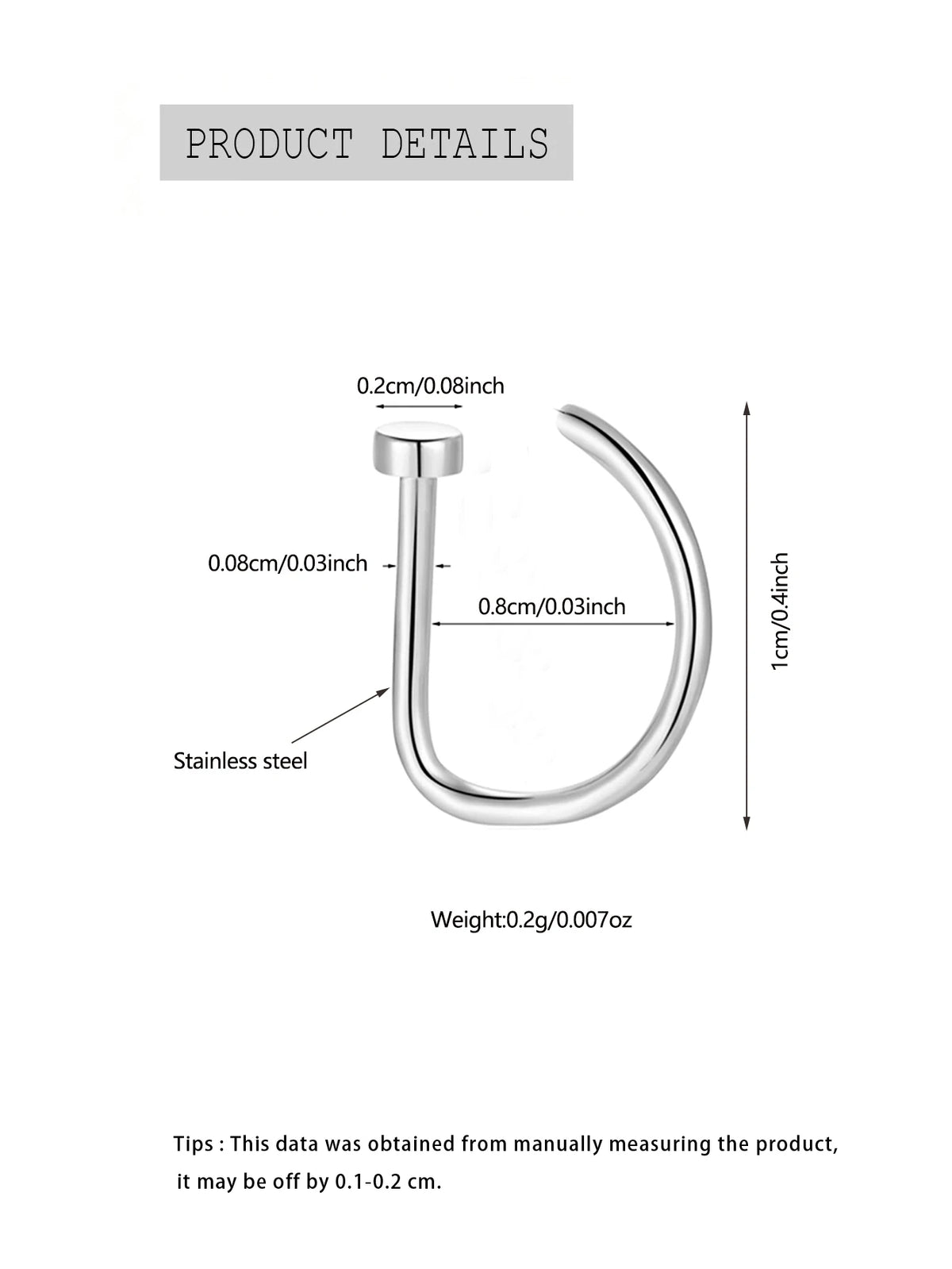 New Curved Barbells Fake Nose Piercing D Shaped Tragus Helix Stud Earring Hoop Septum Stainless Steel Ring Nostril Body Jewelry Pi-Mart