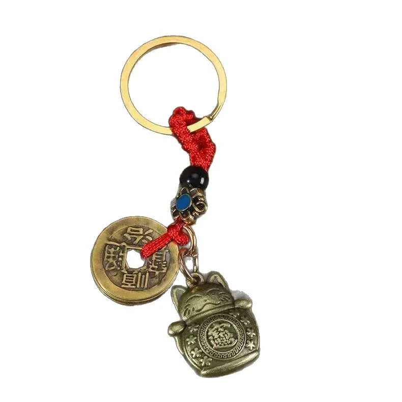 1Pc Vintage Handmade Lucky Cat Keychain Five Emperors Feng Shui Coins Key Ring Car Pendant Lucky Ornament Gift Pi-Mart