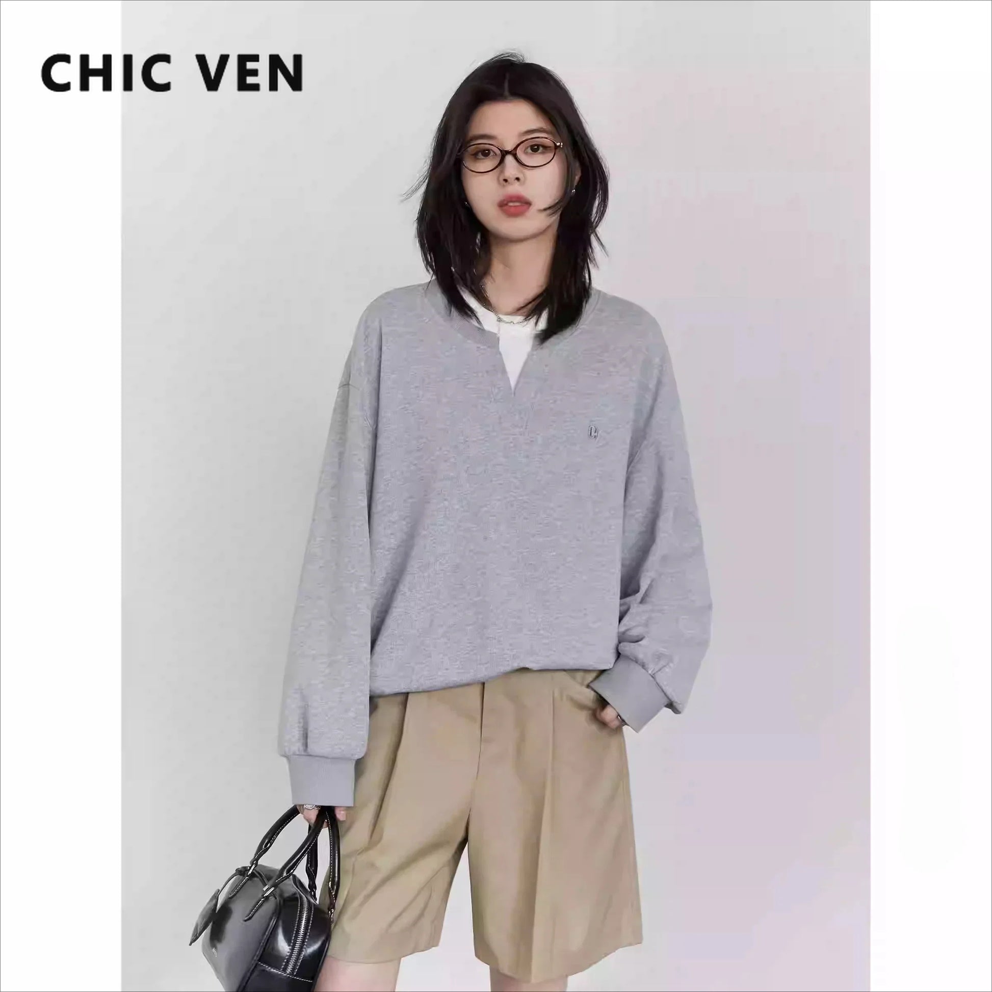 CHIC VEN Korean Women Sweatshirts Loose Casual New Contrast Splicing Hoodie Female Top Woman T Shirt Pullover Spring Autumn 2025 LadyShow.Store