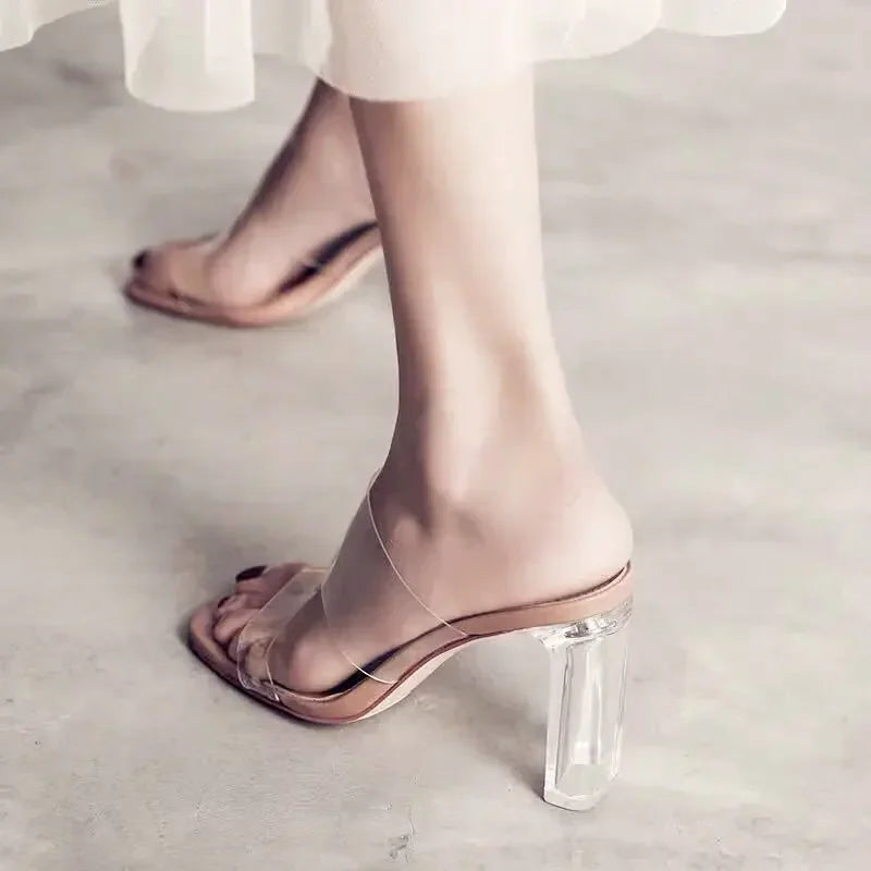 Summer Women Pumps Sandals 9cm Jelly Slippers Sexy Open Square Toe High Heels Women Transparent Slippers Shoe Heel Clear Sandals LadyShow.Store