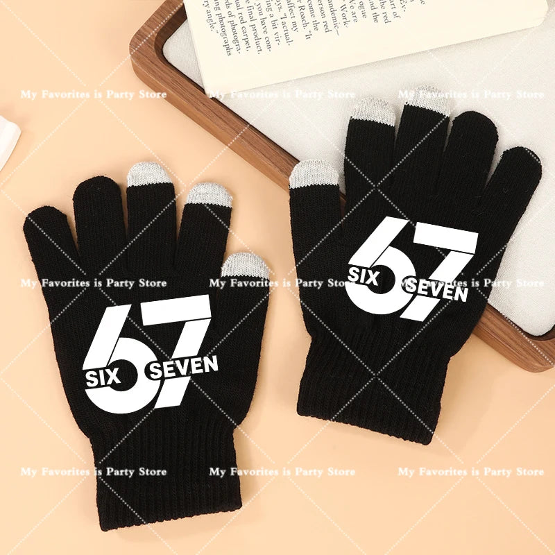 Funny 67 Six Seven Winter Gloves Touch Screen Gloves Fnafs Warm Stretch Knit Mittens Imitation Wool Full Finger Crochet Thicken Pi-Mart