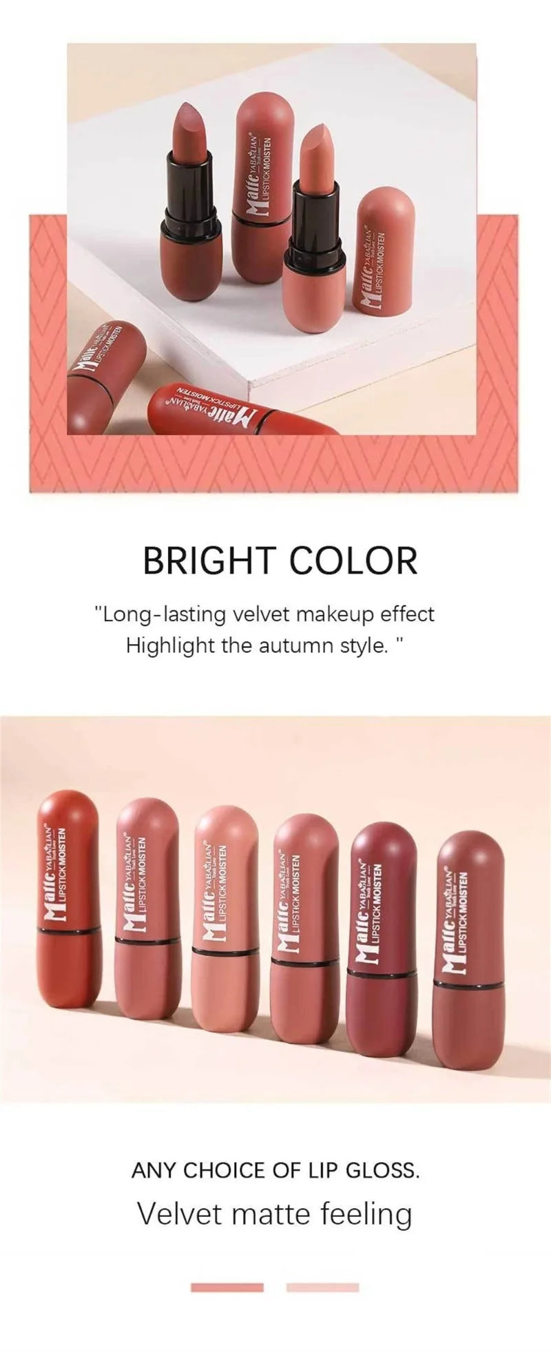 6-Color Matte Velvet Sexy Lipstick Waterproof Long-Lasting Nude Brown Lipstick Smooth High Pigment Profissional Lipgloss Makeup Pi-Mart
