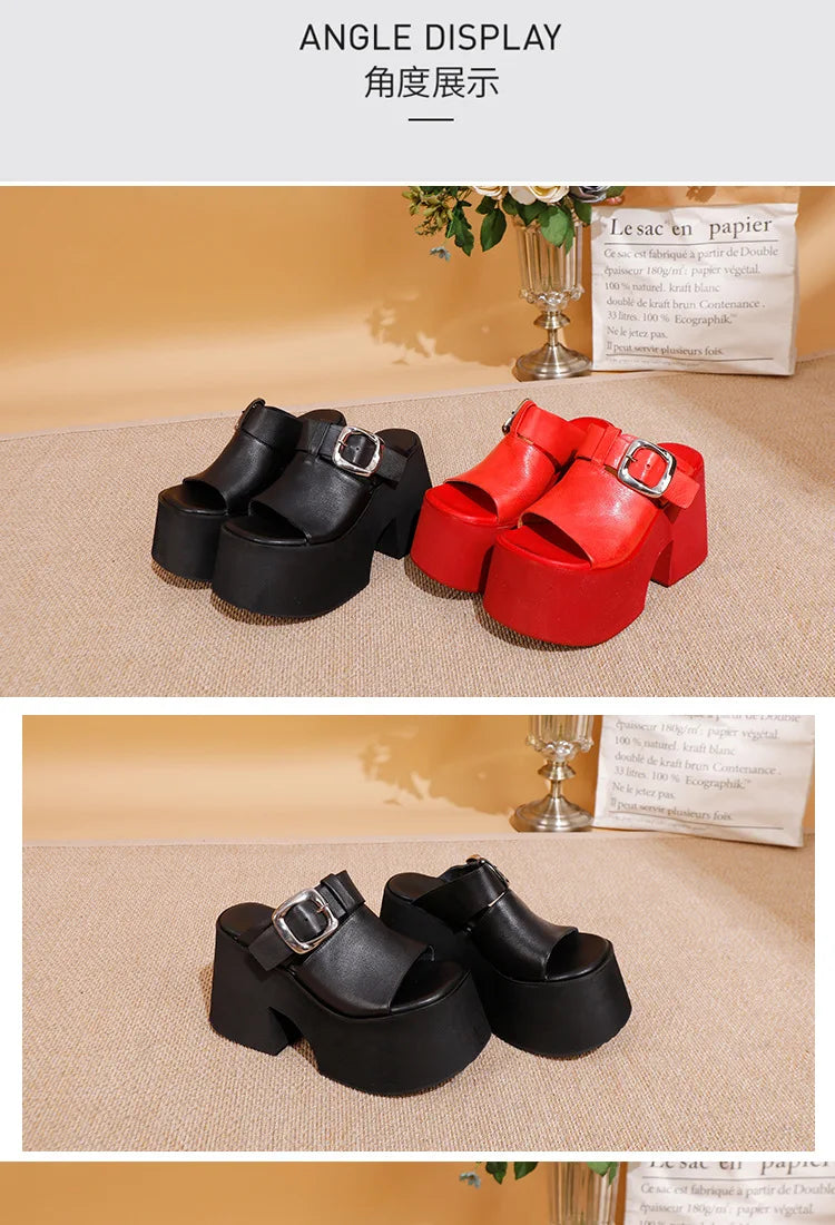 GKTINOO 2026 Summer New Genuine Leather Thick Soled Height Increasing Slippers Fashionable Women's Super High Heels Sandals Pi-Mart