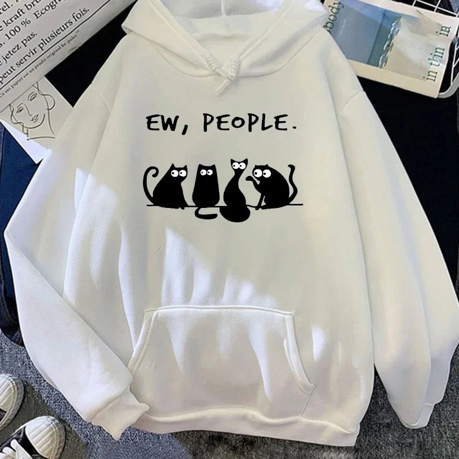 American Vintage 2025 Autumn Winter Woman Hoodies EW PEOPLE Letter Print Top Funny Harajuku Cartoon Black Cat Pattern Clothing LadyShow.Store