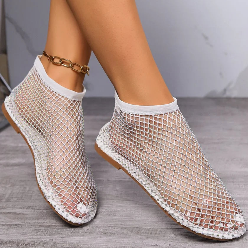 2024 Summer Women's New Round Toe Flat Bottom Sandals Hollow Short Boots Water Diamond Sexy Flat Bottom Fashion Banquet Slippers Pi-Mart