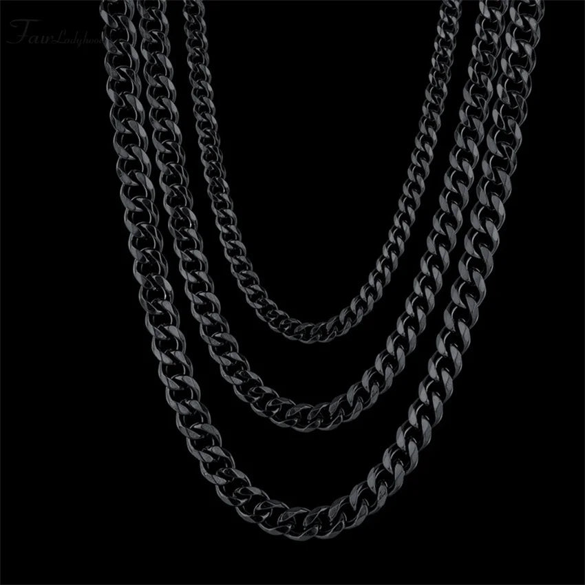1 piece Size 3.6mm-9mm Men's Necklace Stainless Steel Cuban Link Chain Bracelet Necklace Steel Color Male Jewelry Pi-Mart